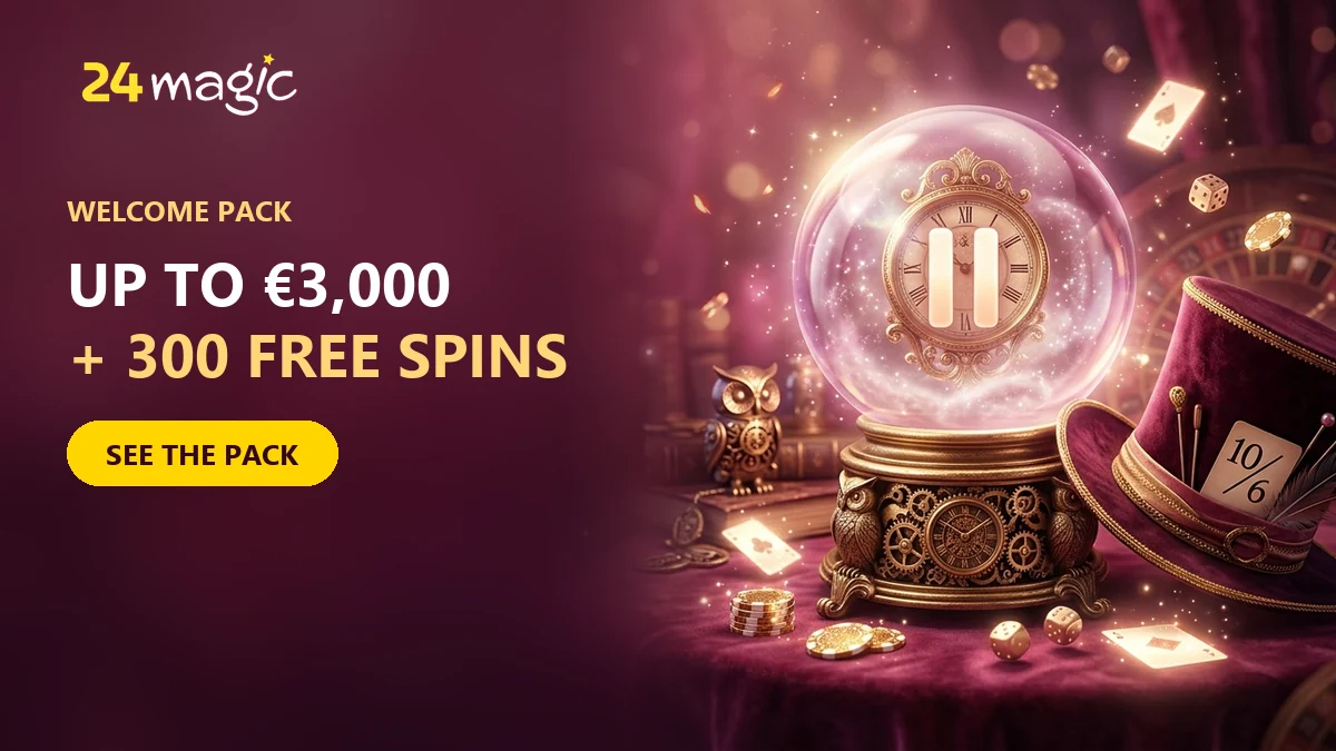 crystal ball with a clock and a magician hat for the 24magic welcome pack of up to 3000 euros and 300 free spins