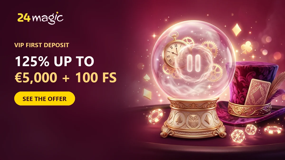 crystal ball with a clock beside a magician hat for the 24magic vip first deposit of 125 up to 5000 euros