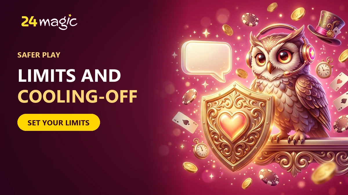 magic owl with a golden shield and headset for 24magic safer play limits and support